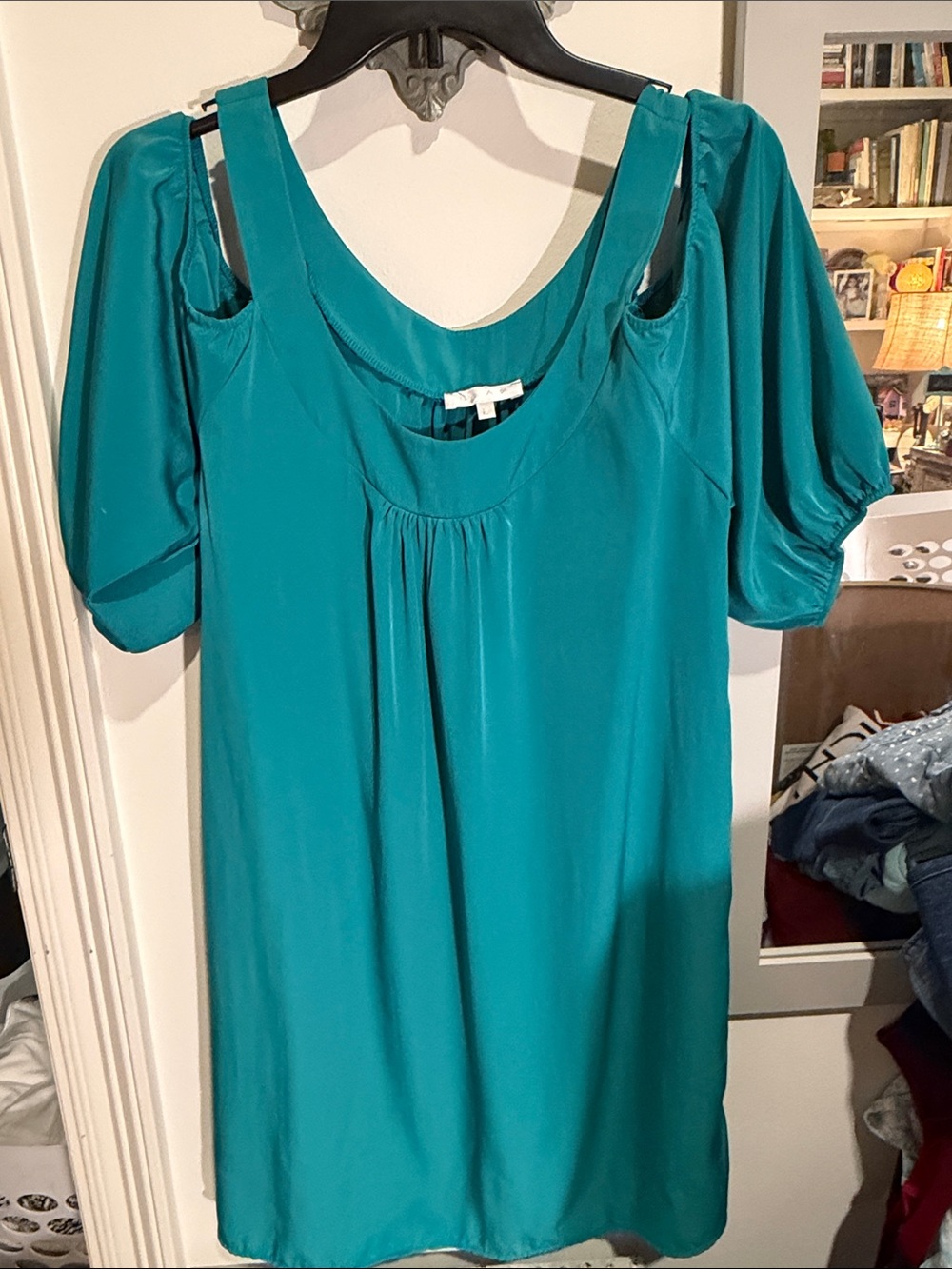 glam Teal Satin Cold-Shoulder Dress